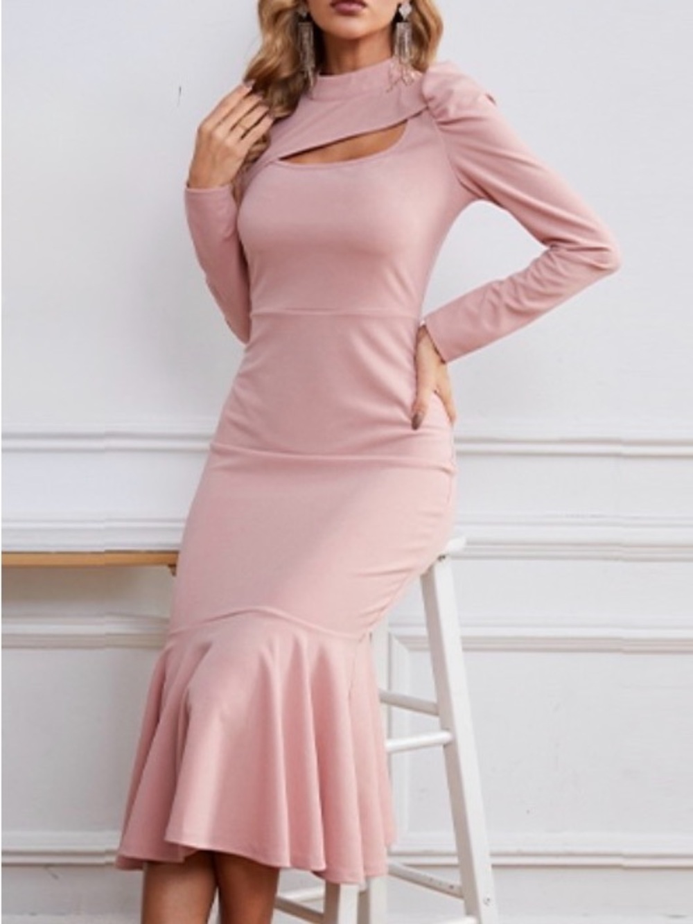 Large 10/12 dusty Pink Long-Sleeve Cutout Mermaid Midi calf Dress form fitting